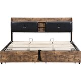 Lumor Postelja s predalom 180x200 cm - z nosilcem za shranjevanje in letvičastim okvirjem iz kovine - temno naravna in črna, (22151248) | Shoptok.si