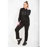 Şans Women's Plus Size Black Stone Detail Hooded Sweatshirt Trousers Double Suit Cene