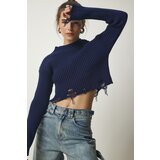 Happiness İstanbul Women's Navy Blue Ripped Detail Knitwear Crop Sweater Cene