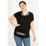 Şans Women's Black Plus Size Collar And Hem Stone Detailed V-Neck Blouse Cene