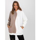 Fashion Hunters Basic beige and white sweatshirt with a RUE PARIS cotton hood cene