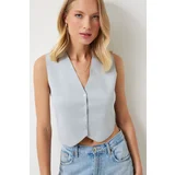  Women's Stone Gray V-Neck Buttoned Summer Knitwear Vest