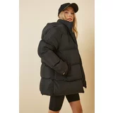 Happiness İstanbul Women's Black Oversized Puffy Coat with Hood