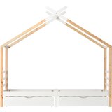 Lumor Postelja v obliki hiše 90x200 cm iz masivnega lesa - Z 2 predaloma - Naravna in bela, (22156140) | Shoptok.si