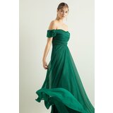 Lafaba Women's Emerald Green Boat Collar Draped Long Glittery Evening Dress with a Slit. Cene