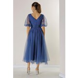 By Saygı Front Back V Neck Short Balloon Sleeve Lined Bud Pattern Silvery Dahya Fabric Dress | shoptok.hr