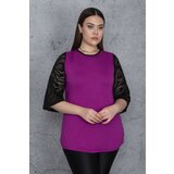 Şans Women's Plus Size Purple Flocked Sleeves Tulle Detail Viscose Blouse Cene