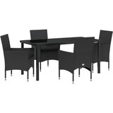 vidaXL 5-dijelna vrtna blagovaonska garnitura s jastučićima, crni poli ratan, vrtni stol, crni 160x80x73 cm, kaljeno staklo Cijene