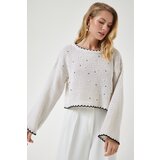  Women's Cream Pearls Openwork Seasonal Crop Knitwear Sweater | shoptok.hr