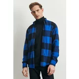 AC&Co / Altınyıldız Classics Men's Saxe-Black Comfort Fit Relaxed Cut Buttoned Collar Plaid Patterned Winter Shirt Jacket
