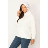 Şans Women's Plus Size White Hooded Kangaroo Pocket Raising Fleece Sweatshirt Cene