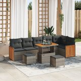 vidaXL 9-delni vrtni sedežni set s blazinami, siva poli ratan akacija | Shoptok.si