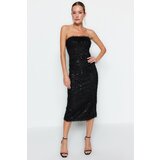 Trendyol Black Fringed Sequin Evening Dress Cene