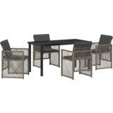 vidaXL 5-delni komplet za zunanjo jedilnico z blazinami Sivi poli ratan, Zunanja miza Črna 140x80x73 cm Temperirano steklo | Shoptok.si