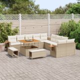 vidaXL 13-delna Vrtna Sedežna Garnitura z Blazinami Bež Poli Ratan Acacia, 3-delni Vrtni Jedilni Set z Blazinami Bež Poli Ratan Acacia | Shoptok.si