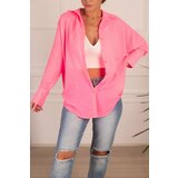 armonika Women's Neon Pink Oversize Textured Linen Look Wide Cuff Shirt cene