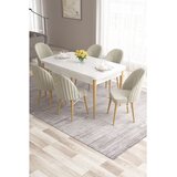 Hanah home trpezarijski set Roz, sto na razvlačenje i 6 stolica, bela ploča, noge u prirodnoj boji drveta, krem tkanina Babyface | Eponuda.com