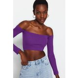 Trendyol Purple Fitted/Situated Super Crop Carmen Collar Corduroy Stretch Knitted Blouse Cene