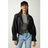 Happiness İstanbul Women's Black Polo Collar Bomber Leather Jacket