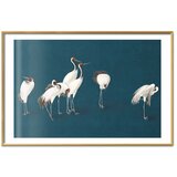  Plakat - Evening at the Pond - group of cranes drawn in dry pastel on a dark turquoise background 60x40 Zlatni okvir s margom | shoptok.hr