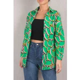 armonika Women's Green Patterned Oversize Long Basic Shirt