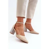Kesi Beige pumps made of eco suede with an embellished heel by Anlitela