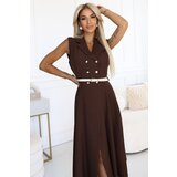 numoco basic 596-4 Elegant midi shirt dress with gold buttons and belt - chocolate | Shoptok.si