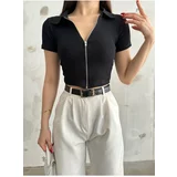 BİKELİFE Women's Zipper Polo Neck Ribbed Short Sleeve Camisole Crop Blouse