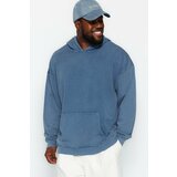 Trendyol Indigo Men's Relaxed/Comfortable Cut, Wash-Effective Hooded 100% Cotton Sweatshirt. cene