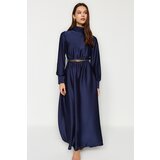 Trendyol Navy Blue Collar and Cuff Draped Detail Belted Woven Evening Dress Cene