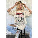 Madmext beige Printed Over the Back Women's T-Shirt Cene