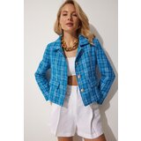 Happiness İstanbul Women's Blue Gold Buttoned Crop Tweed Jacket Cene