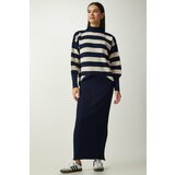 Happiness İstanbul Women's Navy Blue Striped Sweater Dress Knitwear Suit Cene