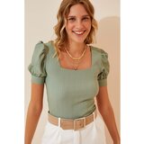 Happiness İstanbul Women's Green Square Collar Balloon Sleeve Knitted Blouse Cene