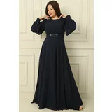 By Saygı Double Breasted Collar Waist Belt Lined Plus Size Long Hijab Dress