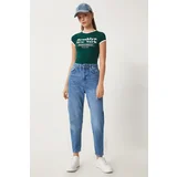 Happiness İstanbul Women's Blue Mid Waist Mom Jeans