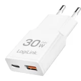 punjač 2 porta, 1 x USB type c, 1 x USB A, 30W, GaN, slim, bela