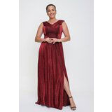By Saygı Claret Red Double Collar Long Evening Dress with a slit. Cene