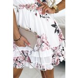 numoco basic Dress with a clutch neckline, belt and short sleeves - white with roses | Shoptok.si