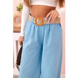 Kesi Włoski Women's linen trousers with wide legs and a belt blue | Shoptok.si