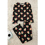 Trendyol Black 100% Cotton Avocado and Heart Patterned Knitted Pajama Set