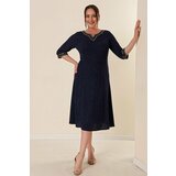 By Saygı Lined Plus Size Glitter Dress Navy Blue with Stone Detail on Collar and Sleeve Ends cene