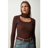 Happiness İstanbul Women's Brown Cut Out Detailed Turtleneck Corduroy Knitted Blouse Cene