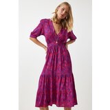  Women's Dark Pink Wrap Collar Floral Summer Viscose Dress | Eponuda.ba