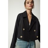  Women's Black Seasonal Crop Trench Coat Cene