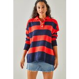 Olalook Women's Red Navy Blue Polo Neck Striped Buttoned Thick Knitwear Sweater Cene