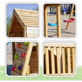 Kinder Home Igralište - Drvena kućica za igru sa toboganom, 2 ljuljaške, penjalicom i peskarnikom 250×150×267 cm | Eponuda.com
