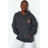 Trendyol Anthracite Motto Print Oversized Hooded Thick Knitted Sweatshirt | Shoptok.si