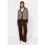 Trendyol Dark Brown Button Detailed Jacquard Striped Cardigan Trousers Knitwear Two Piece Set Cene