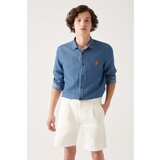 Avva Men's Blue Classic Collar Cotton Snap Snap Marine Printed Comfort Fit Relaxed Cut Denim Shirt Cene